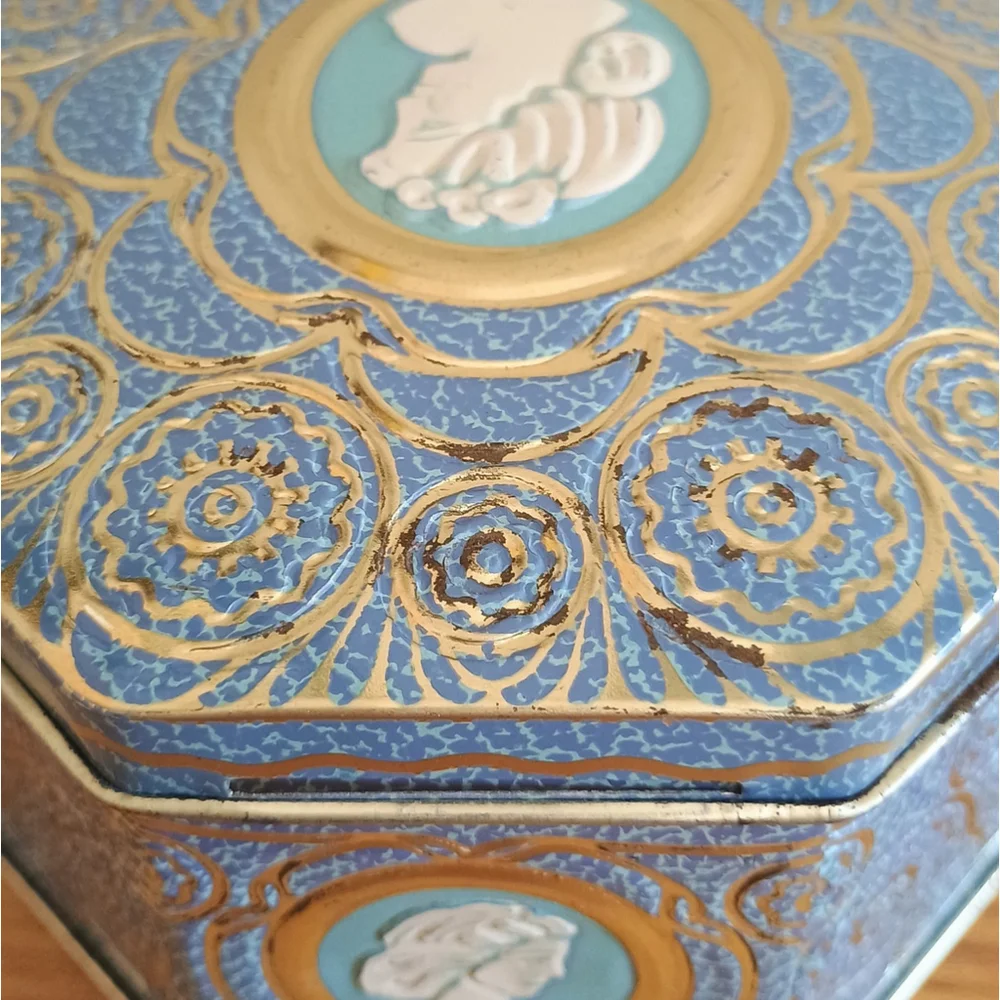 Vintage Octagon Embossed Cameo Drop Candy Tin England Blue White Gold